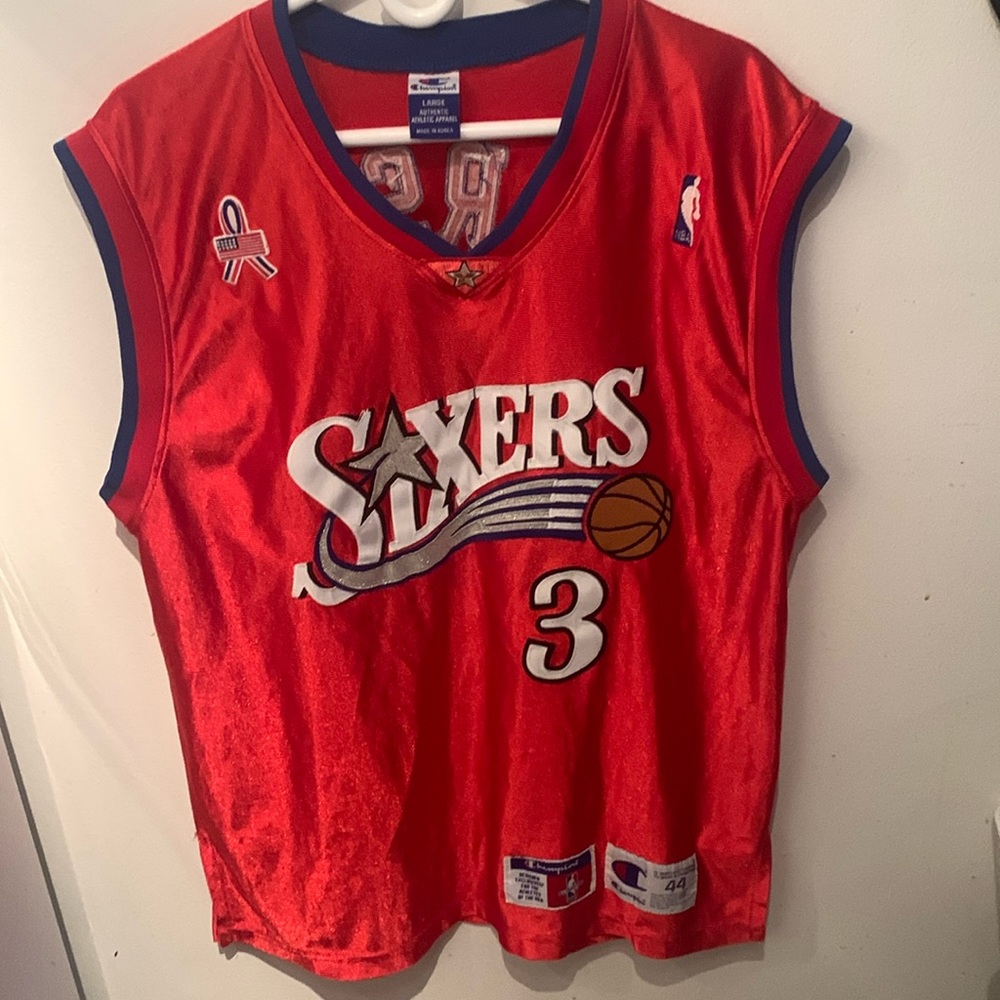 Super Rare Champion Dual Tag Authentic 2001 Allen Iverson 76s Red Alt Jersey 44